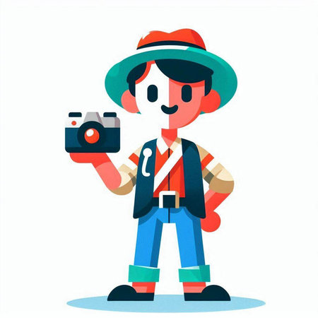 Tourist with a camera. Vector illustration in flat cartoon style.のイラスト素材