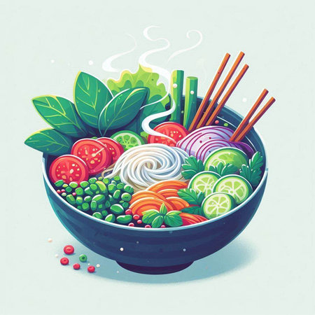 Bowl of noodle soup with vegetables and chopsticks. Vector illustration.のイラスト素材