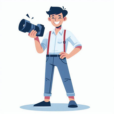 Photographer with camera on white background. Vector illustration in cartoon styleのイラスト素材