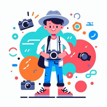 Photographer with camera. Vector illustration in a flat style. Cartoon style.のイラスト素材