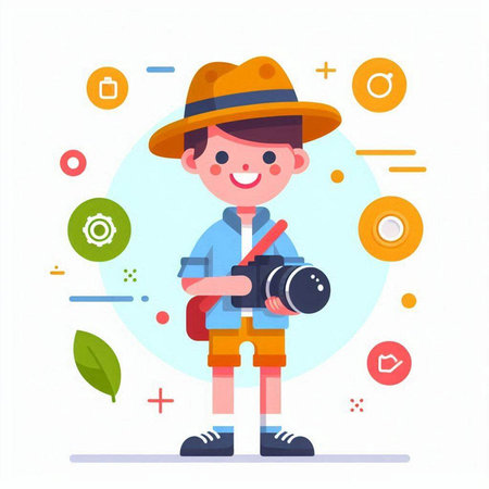 Cute little boy with camera. Vector illustration in a flat styleのイラスト素材
