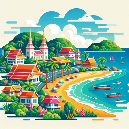Vector illustration of a tropical beach in a flat style. Landscape with buildings, palm trees and boats.のイラスト素材