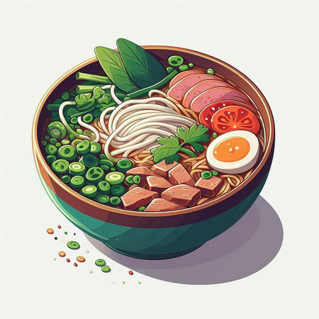 Bowl of noodle soup with beef and vegetables. Vector illustration.のイラスト素材