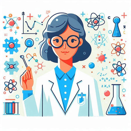 Scientist woman in lab coat and glasses. Vector flat illustration.のイラスト素材