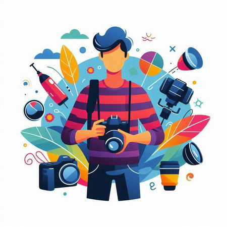 Photographer with camera and equipment. Vector illustration in flat style.のイラスト素材