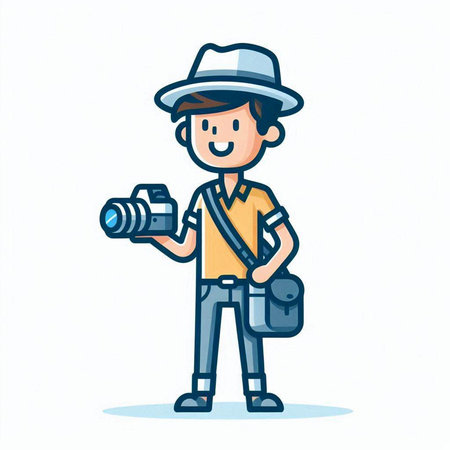 Tourist with camera and backpack. Vector illustration in cartoon style.のイラスト素材
