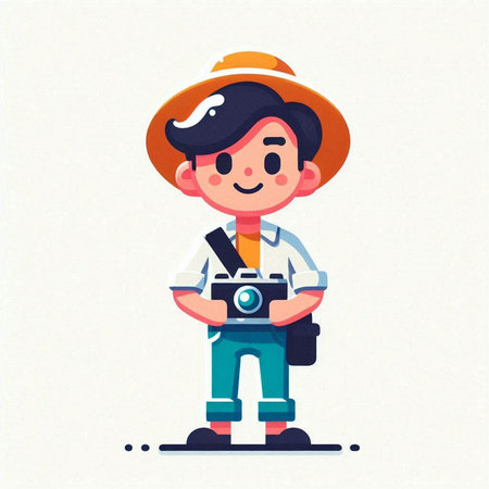 Cute boy in a hat with a camera. Vector illustration.のイラスト素材