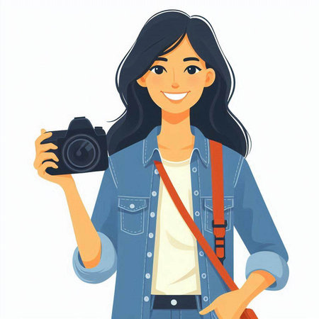 Beautiful young woman with camera. Vector illustration in cartoon style.のイラスト素材
