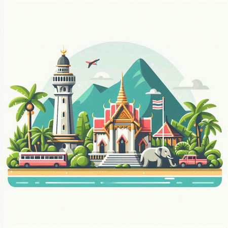 Thailand travel vector illustration. Landmarks of Thailand in flat style.のイラスト素材