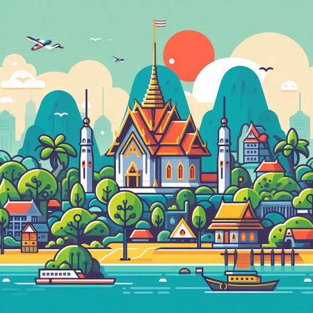 Thailand travel vector illustration. Landscape of ancient city on the river bank.のイラスト素材