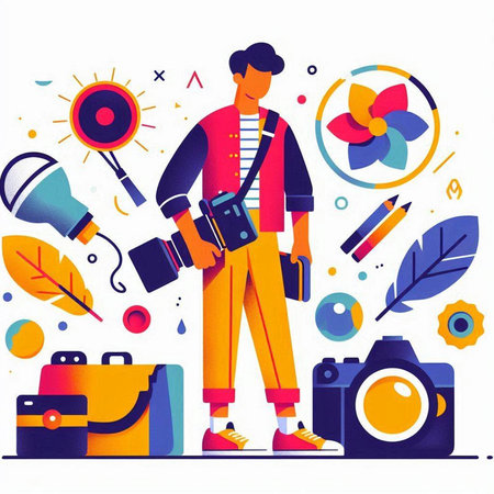 Photographer with camera and equipment. Vector illustration in flat style.のイラスト素材