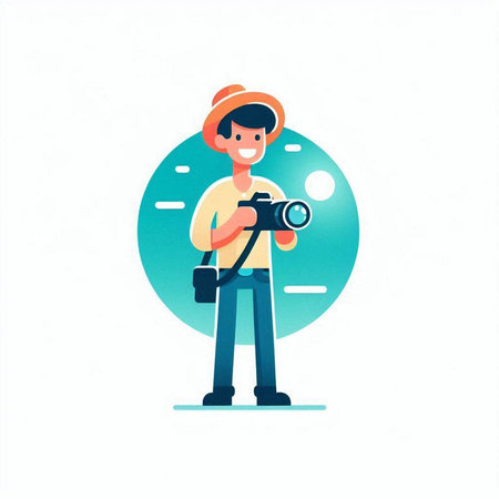 Photographer with camera. Vector illustration in flat cartoon style isolated on white background.のイラスト素材