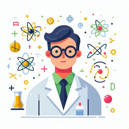 Scientist man in laboratory flat vector illustration. Man scientist in white coat and glasses working with atom, molecule and chemical elements. Chemistry, biology, medicine conceptのイラスト素材