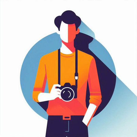 Photographer with a camera in his hands. Flat design vector illustration.のイラスト素材