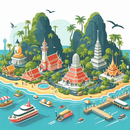Buddhist temple in the middle of the sea. Vector illustrationのイラスト素材