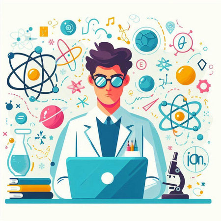 Scientist in the laboratory. Flat style vector illustration on white background.のイラスト素材