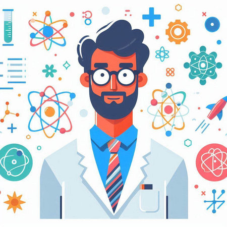Scientist. Vector illustration in flat style. Man in a white coat and glasses.のイラスト素材