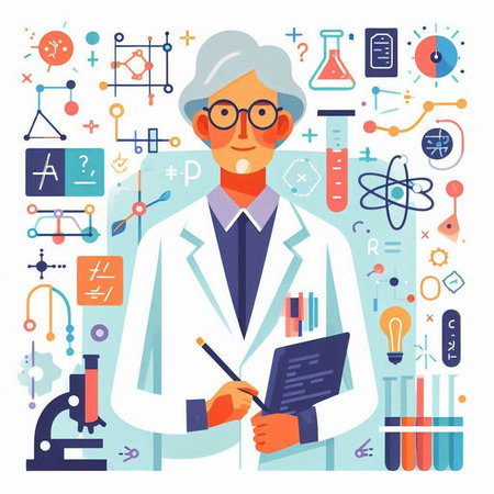 Scientist in white coat and glasses making research. Vector flat illustrationのイラスト素材
