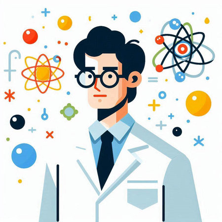 Scientist vector illustration in flat style. Man in a lab coat and glasses.のイラスト素材