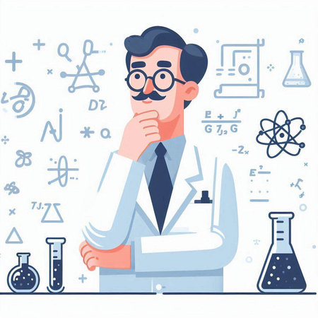 Scientist. Vector illustration in flat design style. A man in a white coat with glasses and a mustache.のイラスト素材