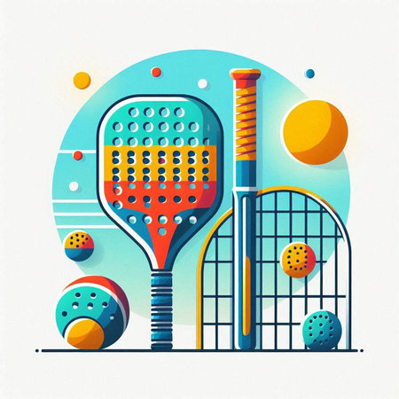 Paddle tennis racket and ball on colorful background. Vector illustration.のイラスト素材