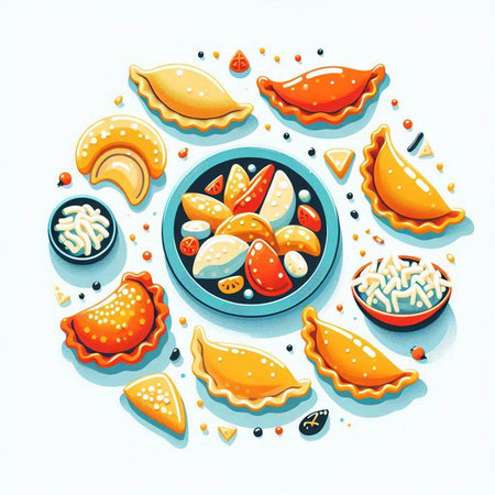 Vector illustration of traditional oriental food - empanadas, dumplings, pies, ravioli.のイラスト素材