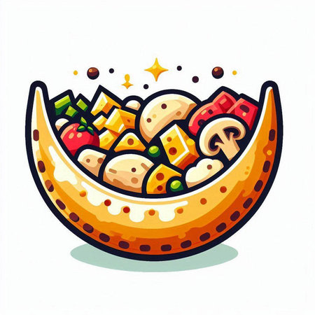 Ceramic bowl with vegetables and mushrooms. Vector illustration on a white background.のイラスト素材