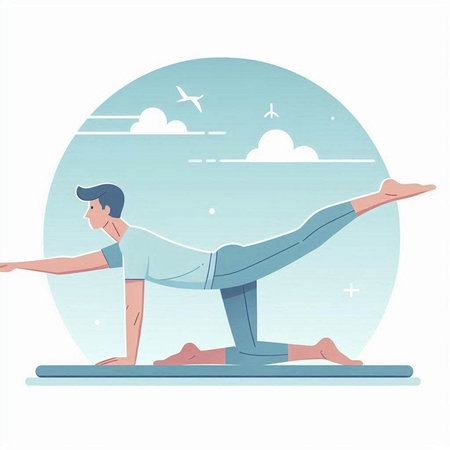 Man practicing yoga in the morning. Vector illustration of a man doing yoga.のイラスト素材