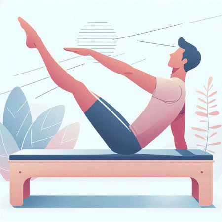 Illustration of a man doing yoga on a wooden platform in the gymのイラスト素材