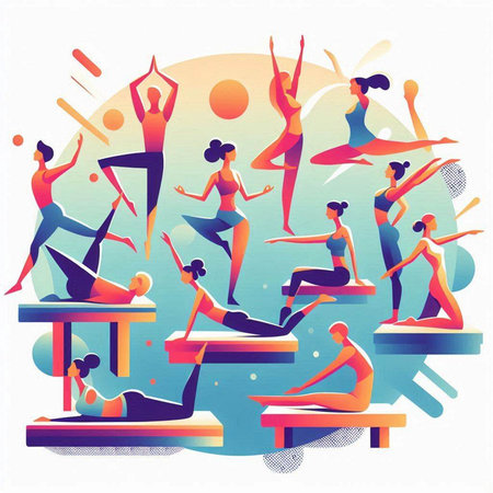 Vector illustration of a group of people doing yoga in the gym.のイラスト素材