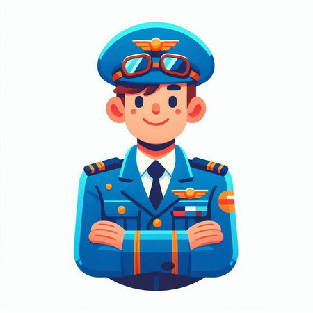 Cartoon pilot character in uniform. Vector illustration isolated on white background.のイラスト素材