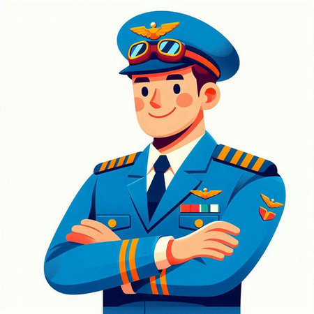 Vector illustration of a pilot in a blue uniform with crossed arms.のイラスト素材