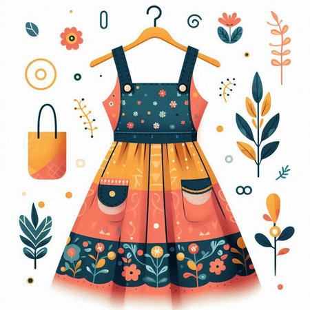Colorful summer fashion illustration with floral dress and hand drawn elements.のイラスト素材