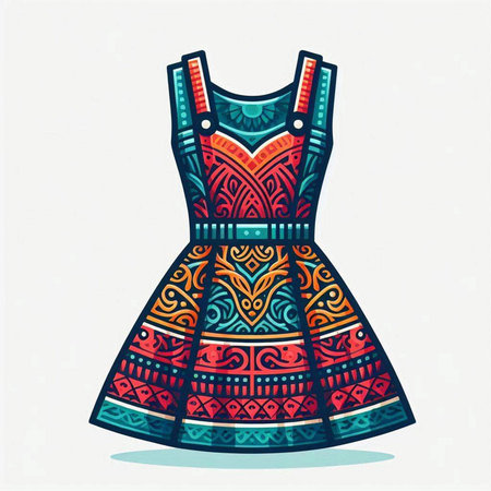 Dress with ethnic pattern. Hand drawn vector illustration for fashion design, print and web.のイラスト素材