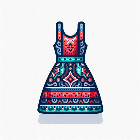 Dress with ethnic pattern. Hand drawn illustration on white background.のイラスト素材