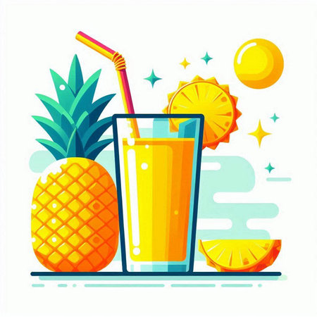 Pineapple juice in a glass with a straw. Vector illustration.のイラスト素材