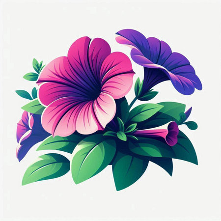floral background with violet petunia flowers and green leaves, vector illustrationのイラスト素材