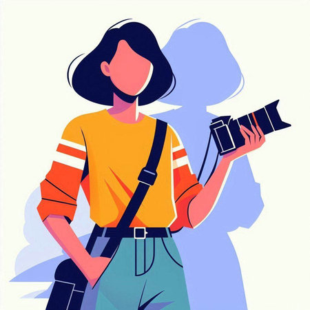Young woman photographer with a camera. Vector illustration in flat style.のイラスト素材