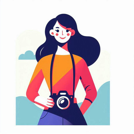 Young woman with camera in hand, vector illustration. Flat design.のイラスト素材