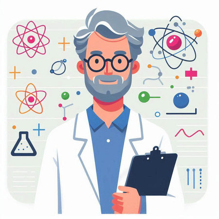 Scientist in white coat and glasses holding clipboard. Vector flat illustrationのイラスト素材