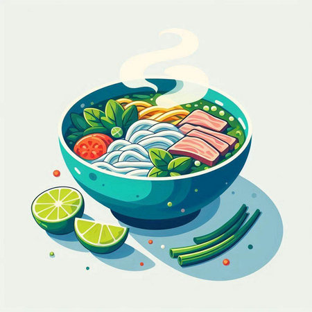 Illustration of a bowl of rice noodles with meat and vegetables.のイラスト素材
