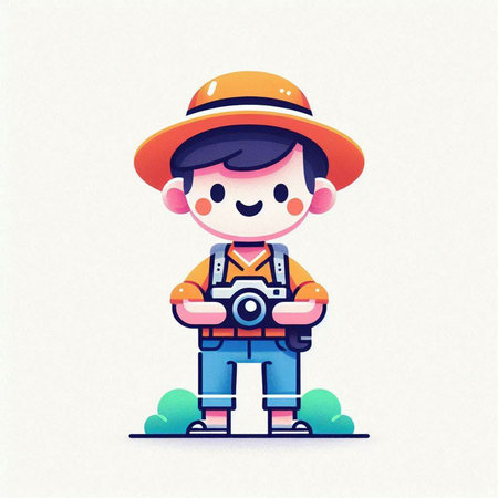 Illustration of a little boy with a camera. Vector illustration.のイラスト素材