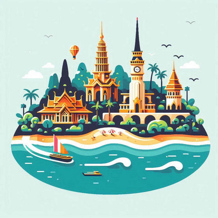 Tropical island with famous landmarks and boats. Vector illustration.のイラスト素材