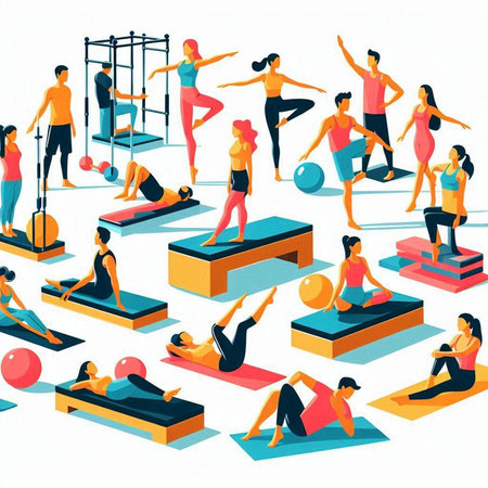 Vector illustration of people doing yoga in gym. Healthy lifestyle concept.のイラスト素材