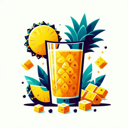 Pineapple juice in a glass with slices of pineapple. Vector illustration.のイラスト素材