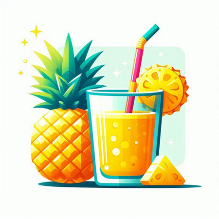 Pineapple juice in a glass with a straw. Vector illustration.のイラスト素材