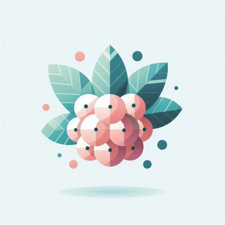 Raspberry fruit with leaves and dots. Vector illustration in flat style.のイラスト素材
