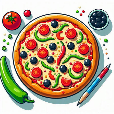 Pizza with tomato, pepper and olives. Vector illustration.のイラスト素材