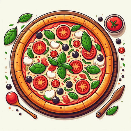 Pizza with mozzarella, tomatoes, olives and basilのイラスト素材