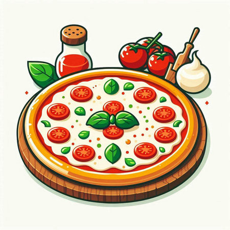 Pizza with mozzarella, tomato and basil. Vector illustration.のイラスト素材